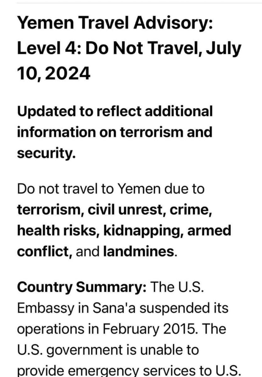 الحكومة الأمريكية تحذر رعاياها من مخاطر السفر لليمن بسبب الحرب الأهلية